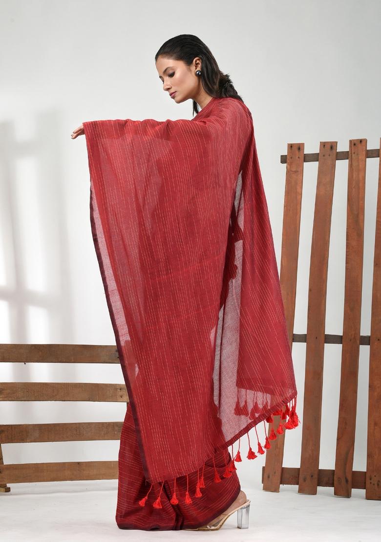 Dark Red Solid Cotton Saree Set