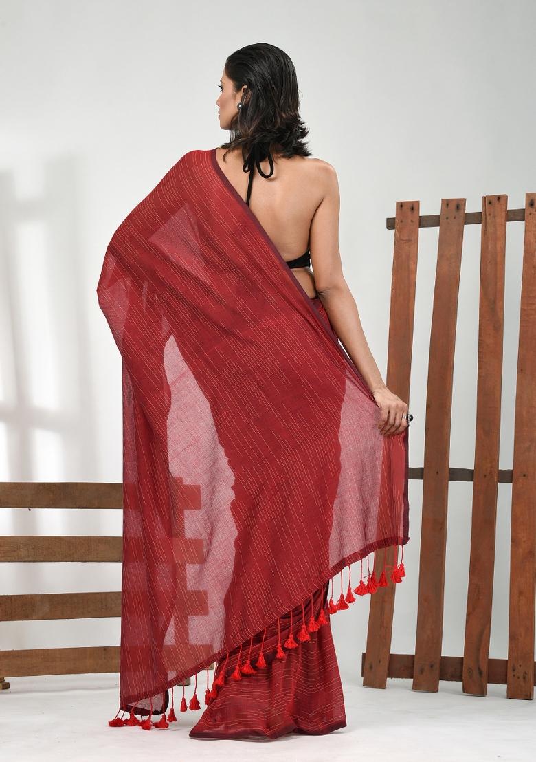 Dark Red Solid Cotton Saree Set