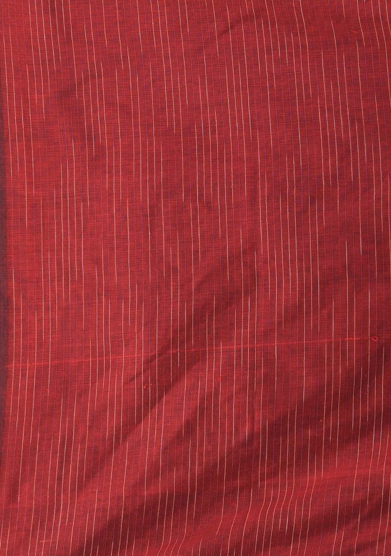 Dark Red Solid Cotton Saree Set