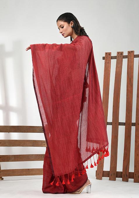 Dark Red Solid Cotton Saree Set
