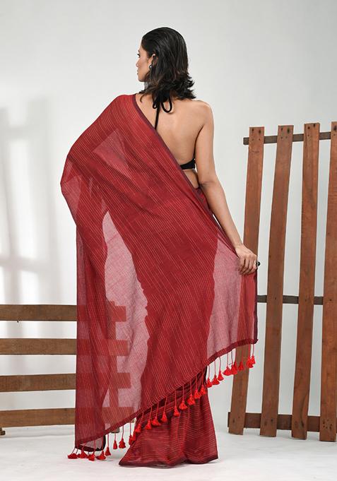 Dark Red Solid Cotton Saree Set