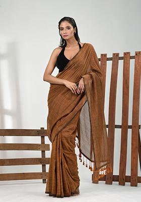 Dark Mustard Yellow Solid Cotton Saree Set