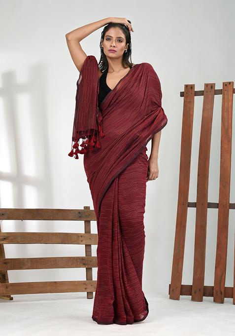 Maroon Solid Cotton Saree Set
