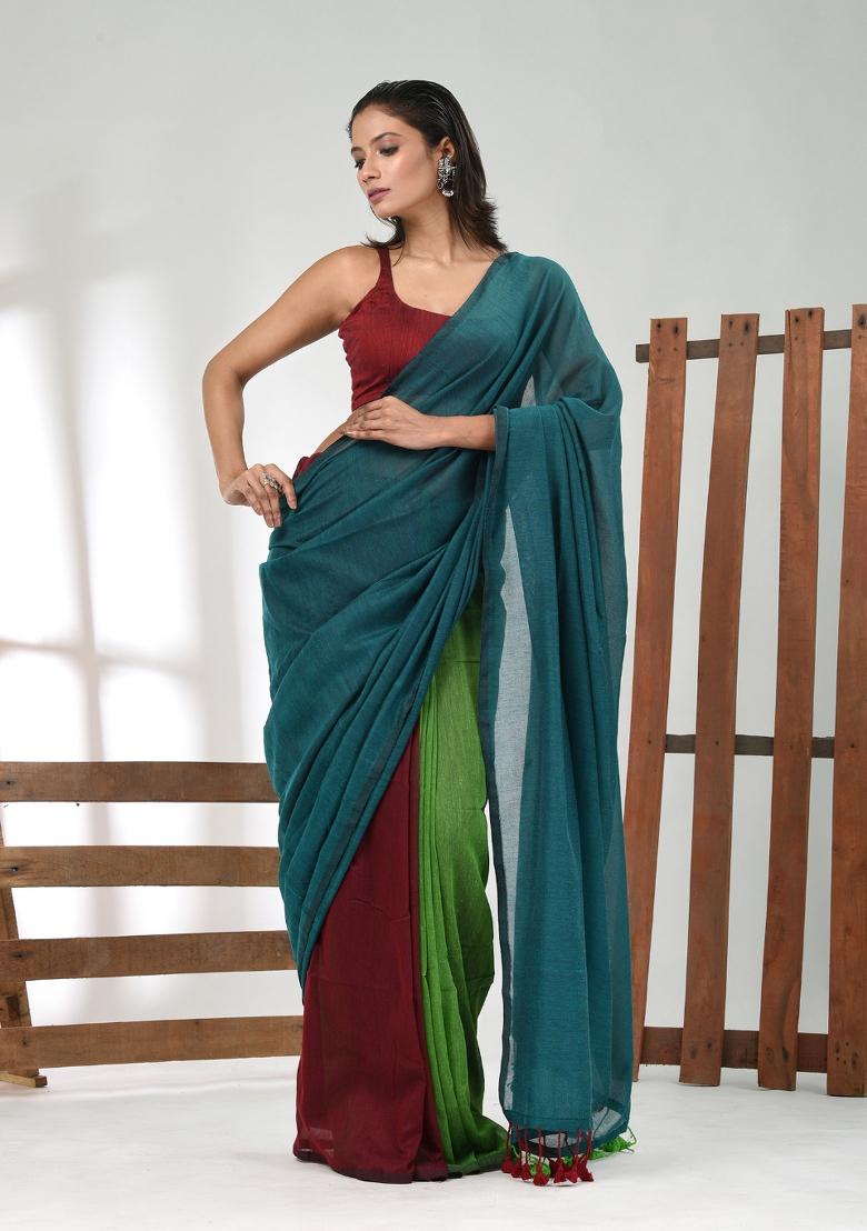 Teal Green Solid Cotton Saree Set