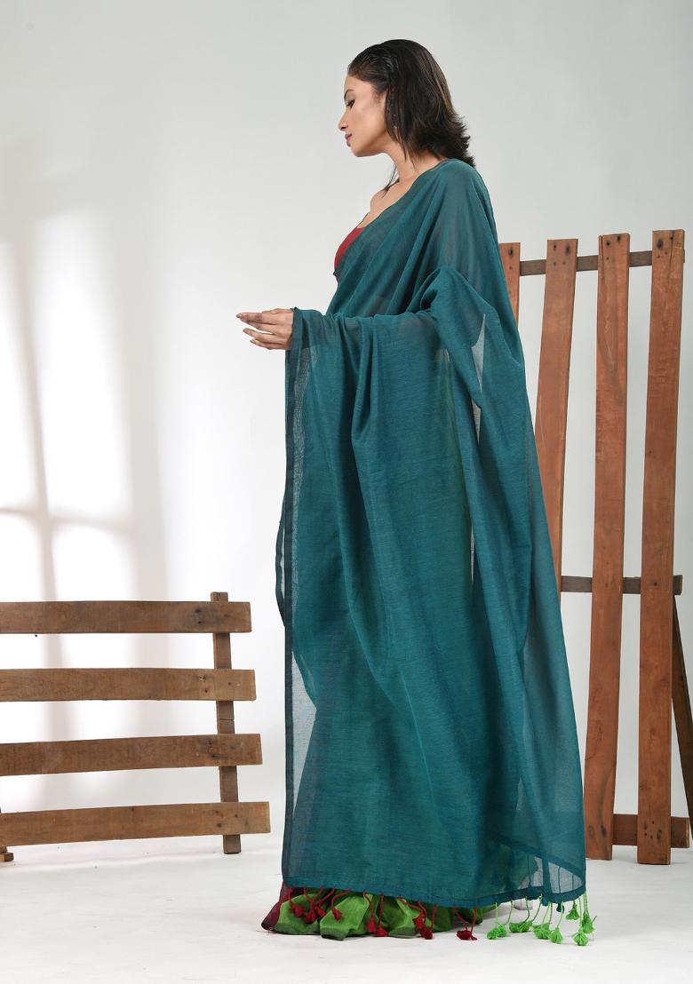 Teal Green Solid Cotton Saree Set