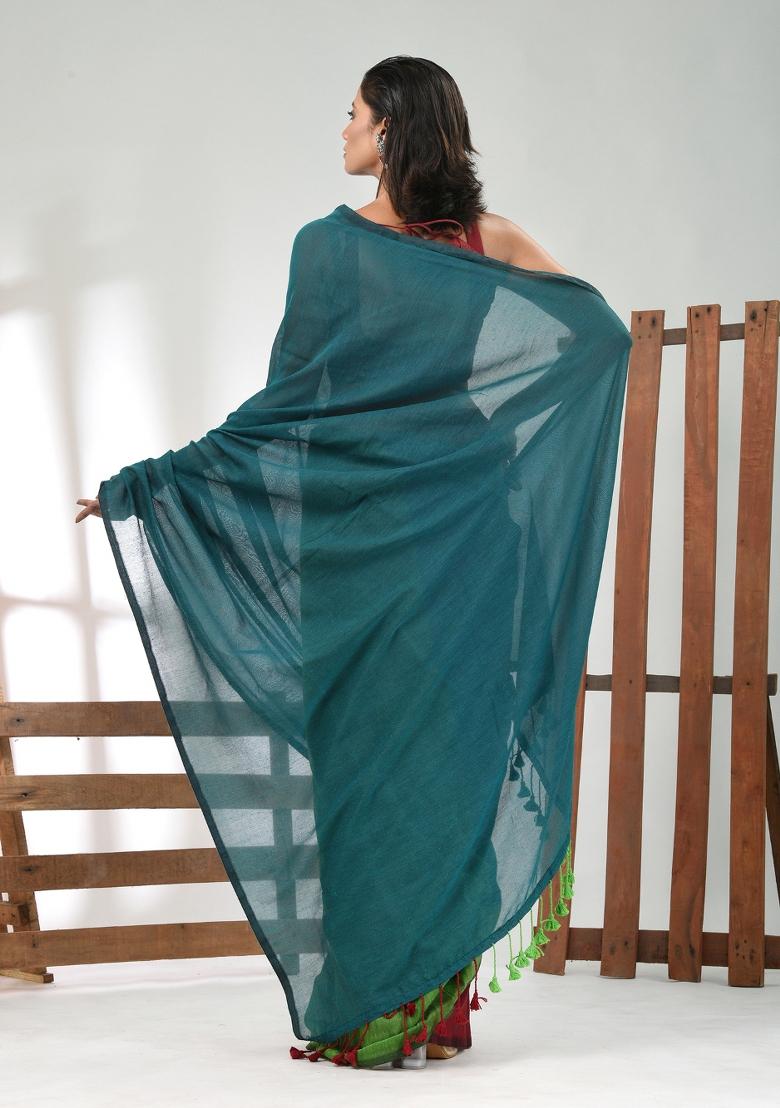 Teal Green Solid Cotton Saree Set