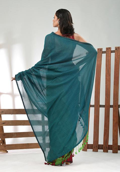 Teal Green Solid Cotton Saree Set