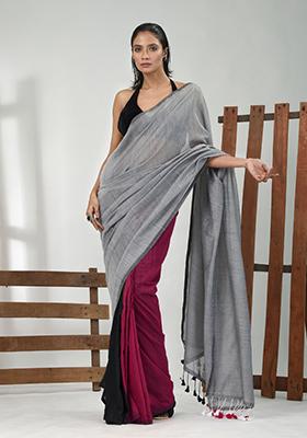 Grey Solid Cotton Saree Set