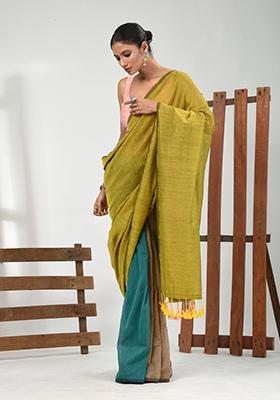 Yellow Solid Cotton Saree Set