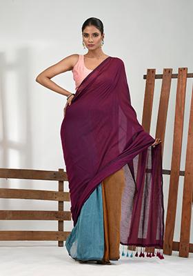 Magenta Solid Cotton Saree Set