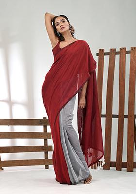 Dark Red Solid Cotton Saree Set