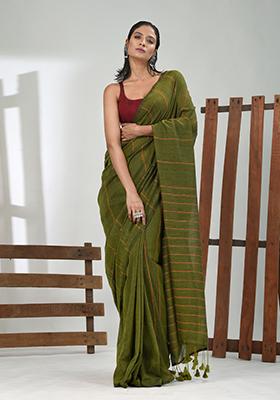 Green Striped Cotton Saree Set
