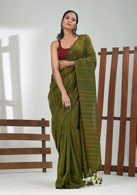Green Striped Cotton Saree Set