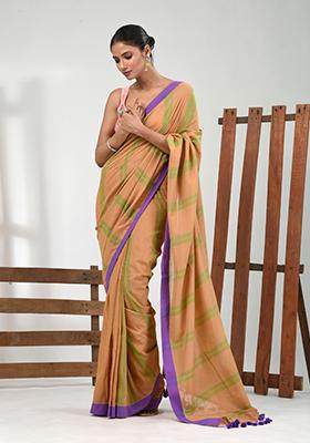 Beige Striped Cotton Saree Set