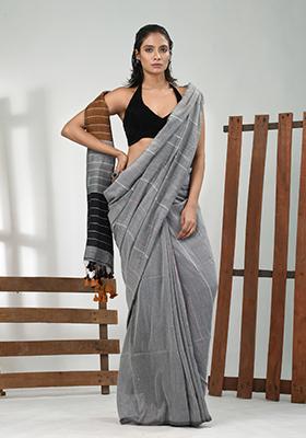 Steel Grey Striped Cotton Saree Set