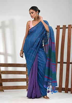 Blue Striped Cotton Saree Set