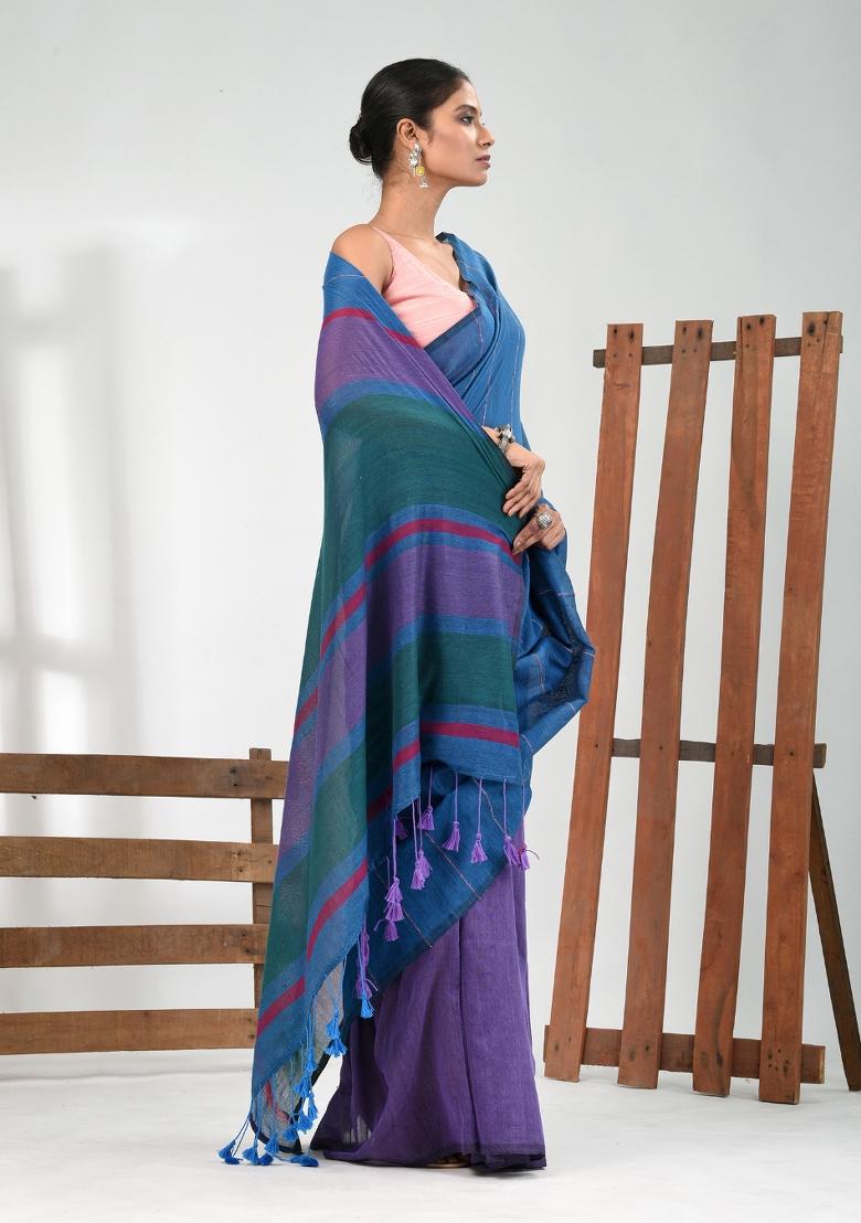 Blue Striped Cotton Saree Set - Indya
