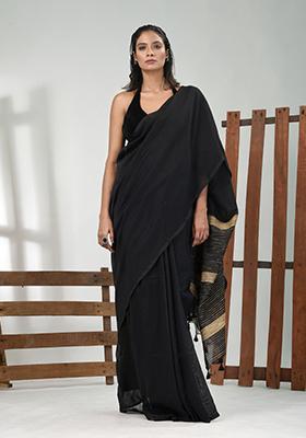 Black Solid Cotton Saree Set
