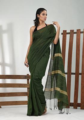 Green Solid Cotton Saree Set