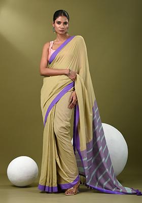 Ecru Solid Cotton Saree Set