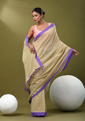 Beige Solid Cotton Saree Set