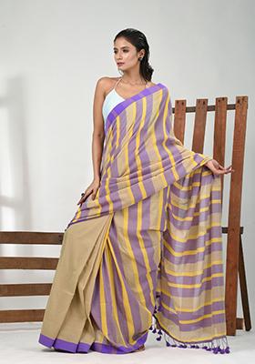 Beige Striped Cotton Saree Set