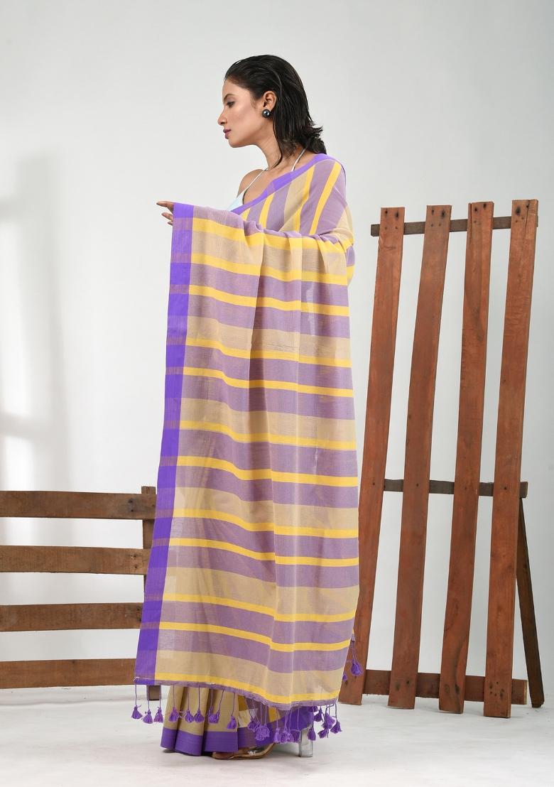 Beige Striped Cotton Saree Set - Indya