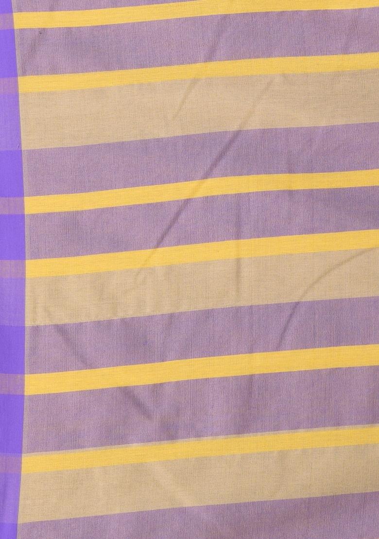 Beige Striped Cotton Saree Set - Indya