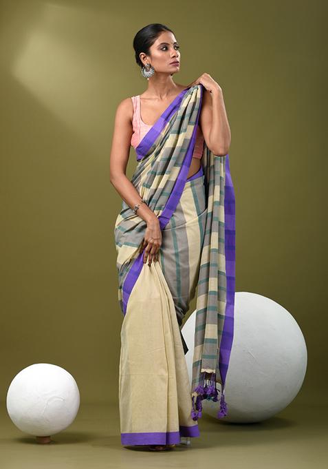 Beige Striped Cotton Saree Set