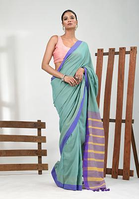Sea Green Solid Cotton Saree Set