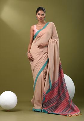 Beige Solid Cotton Saree Set