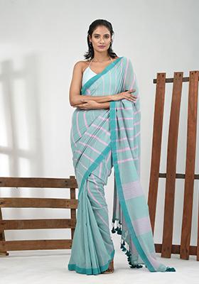 Mint Green Striped Cotton Saree Set