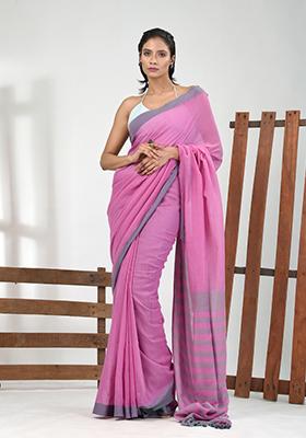Pink Solid Cotton Saree Set