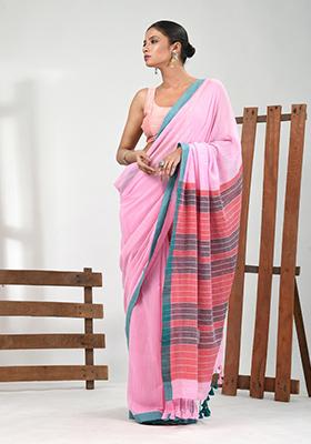 Pink Solid Cotton Saree Set