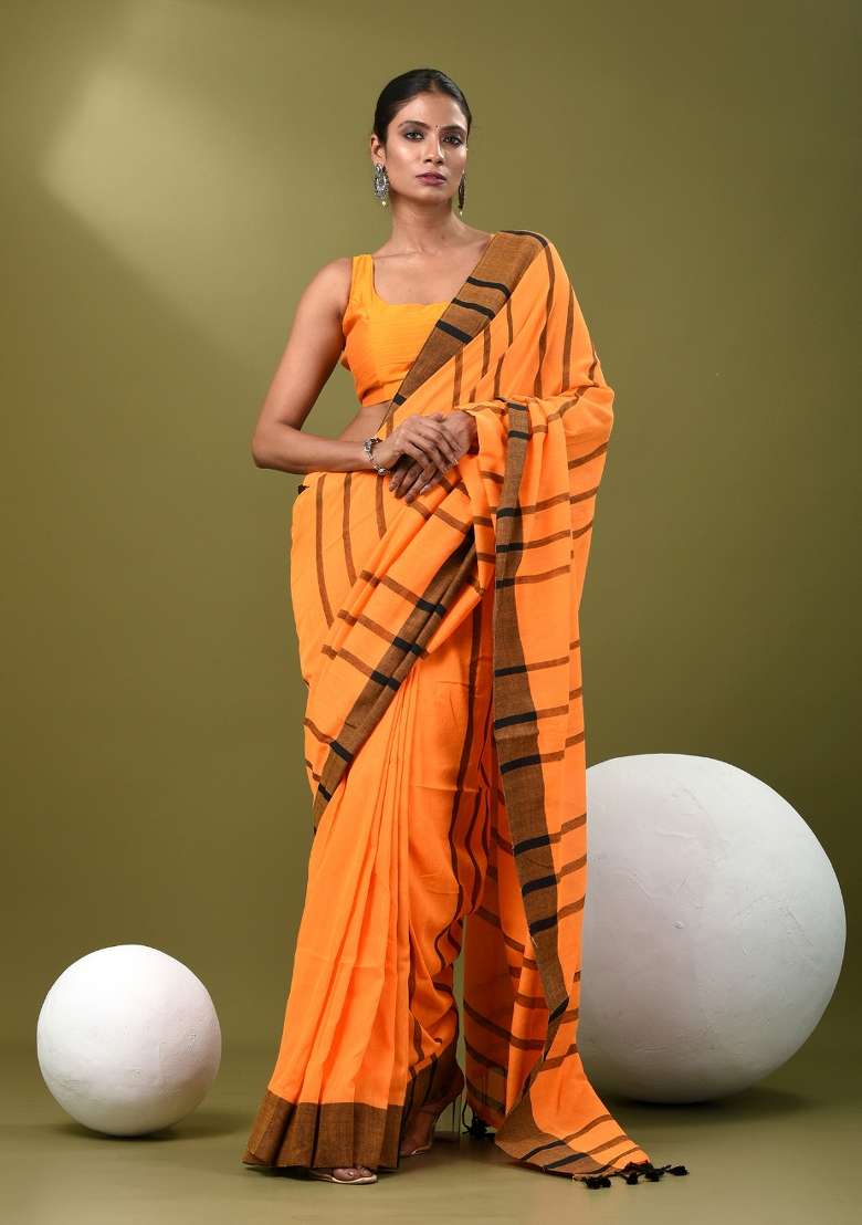 Orange Striped Cotton Saree Set for Diwali | Wedding & Festive Wear - Indya