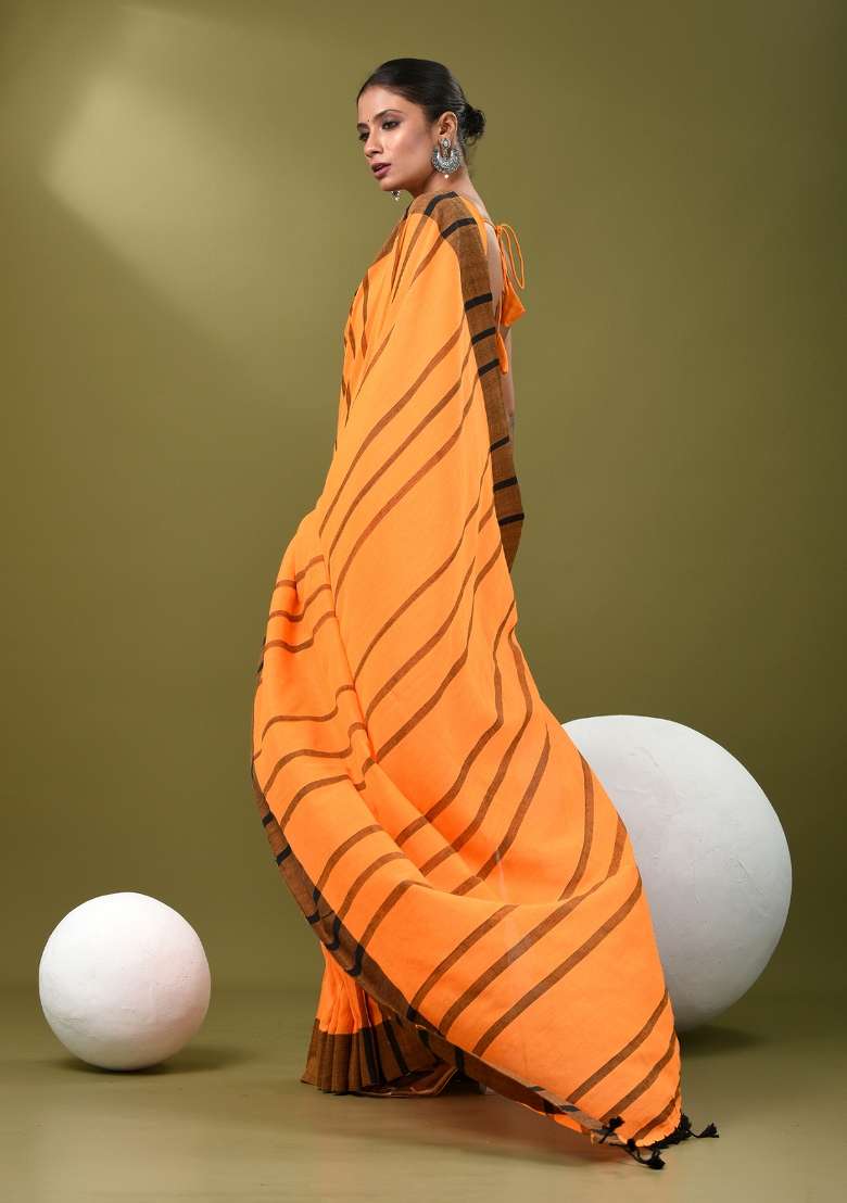 Orange Striped Cotton Saree Set for Diwali | Wedding & Festive Wear - Indya