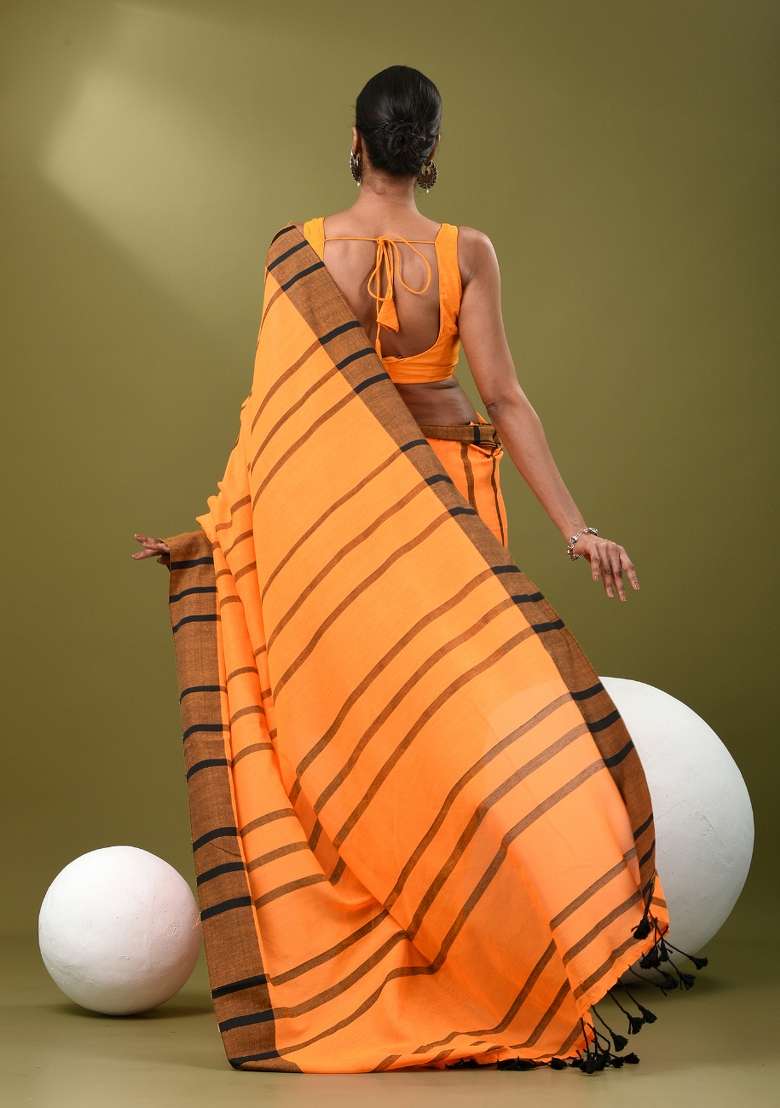 Orange Striped Cotton Saree Set for Diwali | Wedding & Festive Wear - Indya