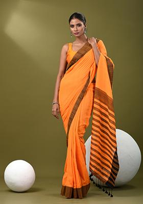 Orange Solid Cotton Saree Set