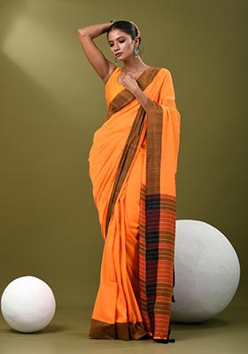 Orange Solid Cotton Saree Set