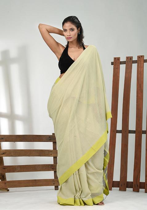 Tea Green Solid Cotton Saree Set
