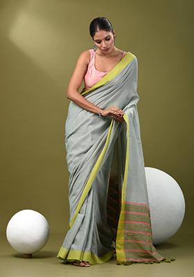 Ice Blue Solid Cotton Saree Set