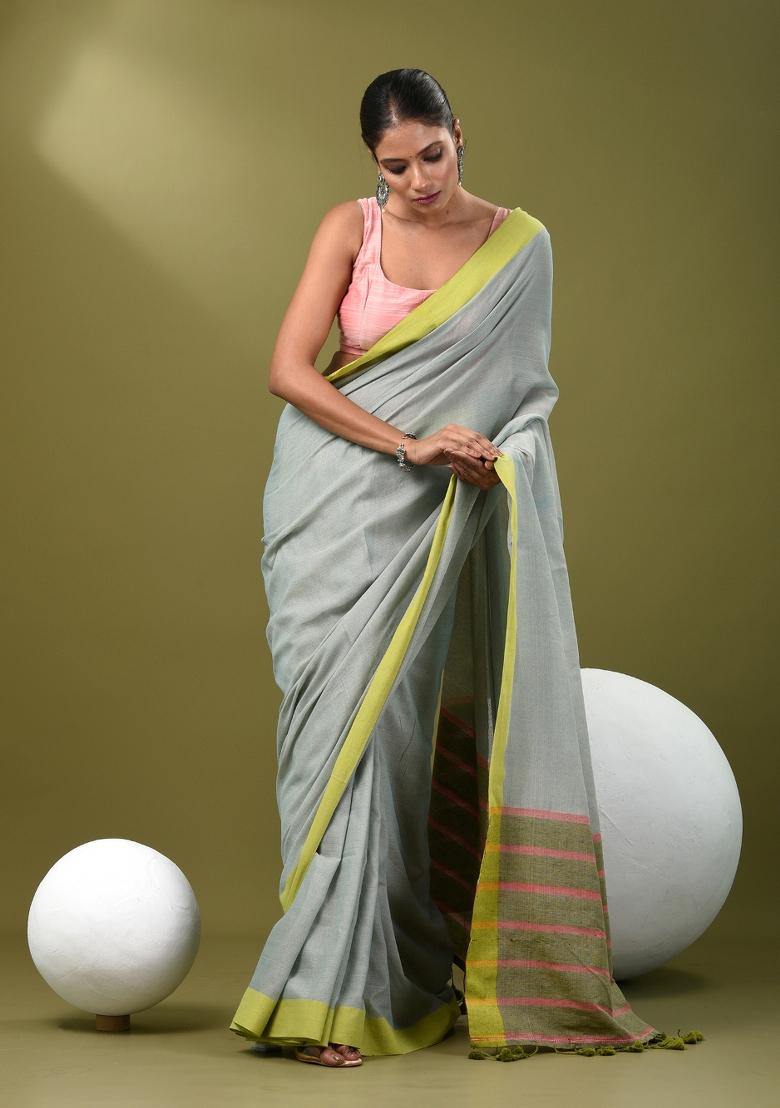 Ice Blue Solid Cotton Saree Set