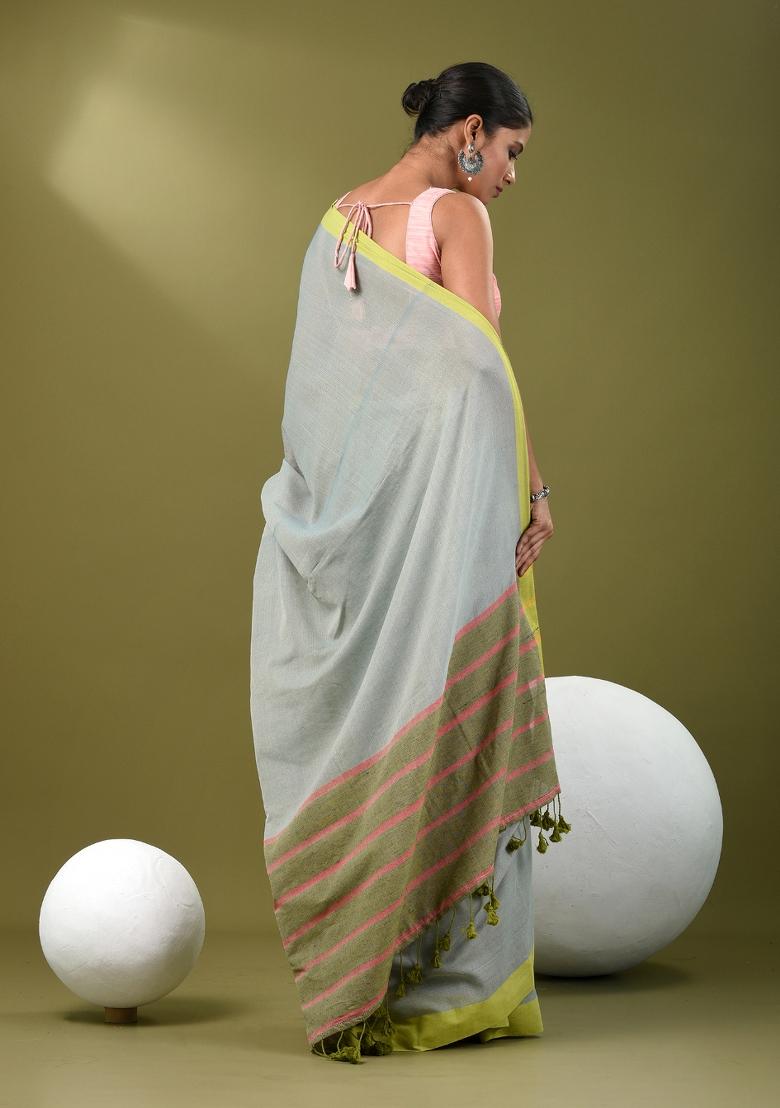 Ice Blue Solid Cotton Saree Set