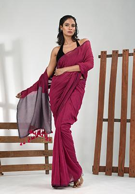 Magenta Solid Cotton Saree Set