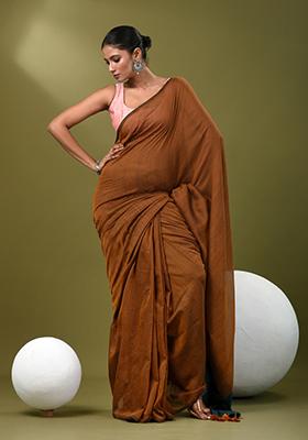 Sepia Brown Solid Cotton Saree Set