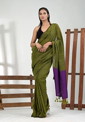 Moss Green Solid Cotton Saree Set