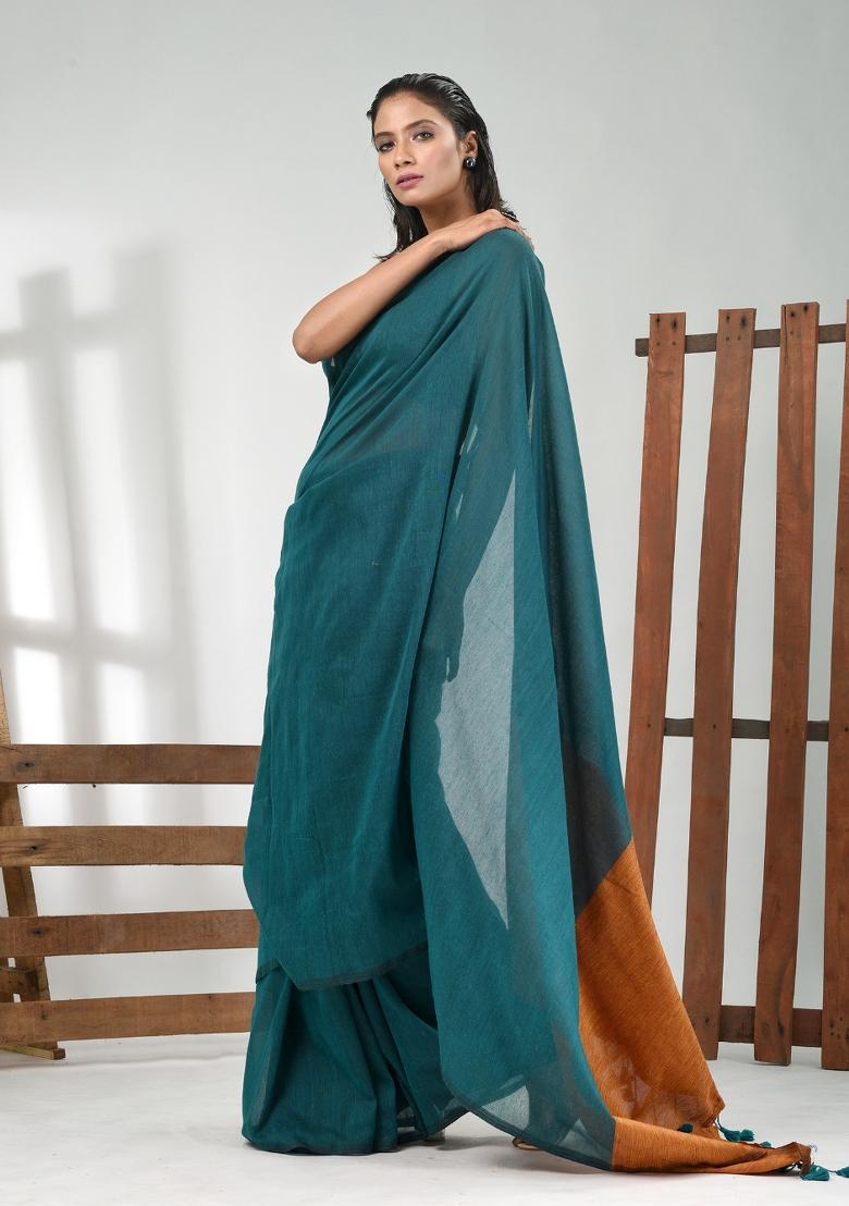 Teal Blue Solid Cotton Saree Set