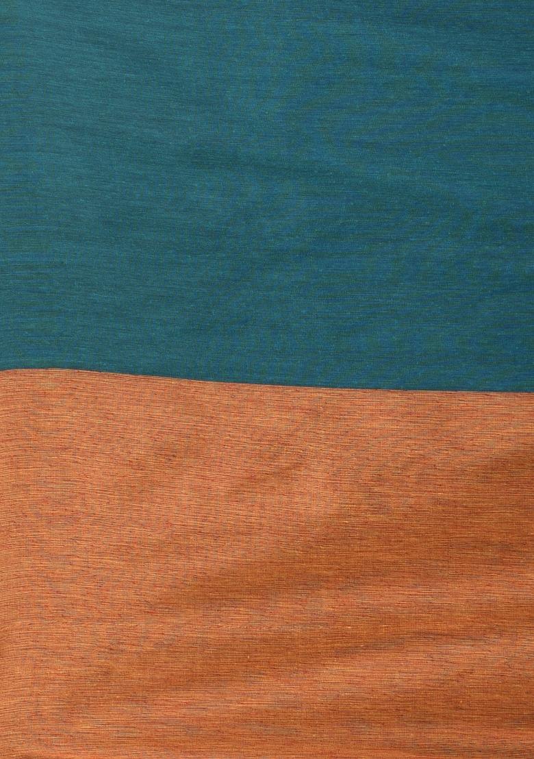 Teal Blue Solid Cotton Saree Set