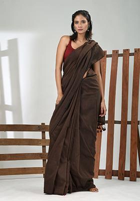 Chocolate Brown Solid Cotton Saree Set