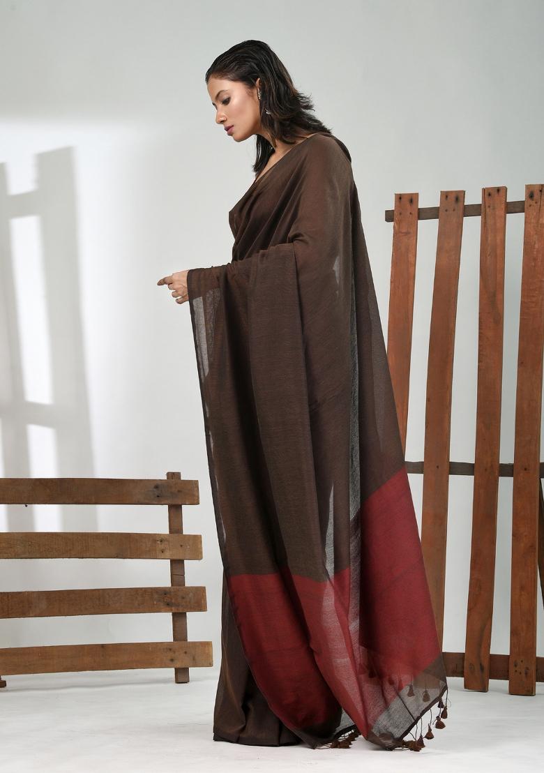 Chocolate Brown Solid Cotton Saree Set - Indya